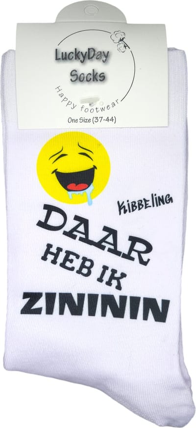 Zininin - Kibbeling- Vis eten - Verjaardags cadeau - Valentijns cadeau - Kado - Witte sokken met tekst - Grappige sokken - leuke dames en heren sokken - moederdag - vaderdag - Sokken waar je vrolijk van wordt - Maat 37-44