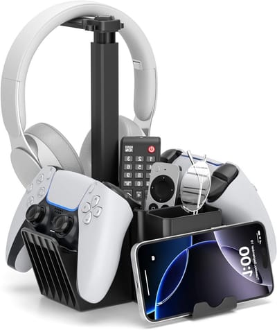 Dual Controller Houder met Headsetstand - Universele Desk Organizer met Telefoonhouder - Multifunctionele Gaming Organizer voor Xbox, PS5, PS4 en PC Accessoires in Zwart