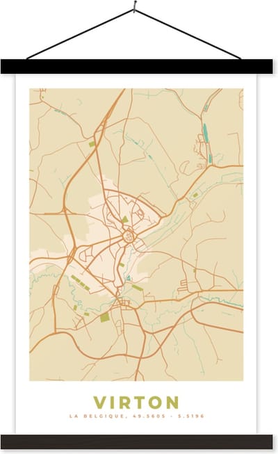 Posterhanger incl. Poster 40x60 cm - Schoolplaat - Kaart - Retro - Vintage - Virton - Plattegrond - Stadskaart - Textielposter - Zwarte latten - Stadskaart
