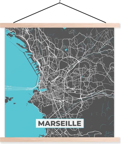 Posterhanger incl. Poster 40x40 cm - Schoolplaat - Marseille - Frankrijk - Kaart - Plattegrond - Stadskaart - Textielposter - Blanke latten - Stadskaart