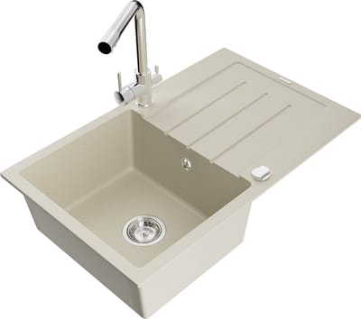 Mexen Bruno granieten gootsteen met 1 kom met afdruiprek en Duero keukenmengkraan, beige - 6513-69-671600-00