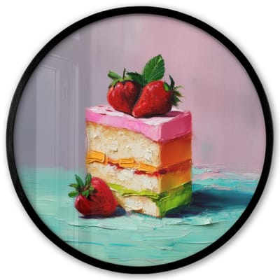 Poster in lijst Rond - Fotolijst 40x40 cm - Posters - Taartje - Aardbeien - Glazuur - Kleurrijk - Ronde posterlijst zwart - Decoratie - Wanddecoratie woonkamer - Muurdecoratie slaapkamer
