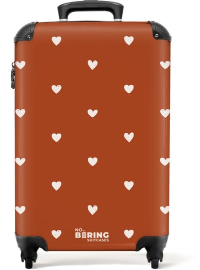 NoBoringSuitcases.com® - Kinderkoffer meisje - Kindertrolley meisjes - Wit hartjespatroon op oranje bruine achtergrond - Handbagage koffer lichtgewicht - Reiskoffer trolley kinderen - Rolkoffer met wieltjes - Past binnen 55x40x20 en 55x35x25