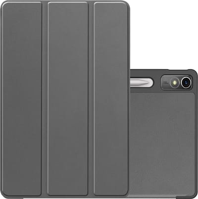Hoes - Geschikt voor Lenovo Tab P12 - Dun & Stevig - Trifold Bookcase - Hard Cover Case - Met Uitsparing Geschikt voor Lenovo Pen - Hardcover Book - Tablet Hoesje - Grijs