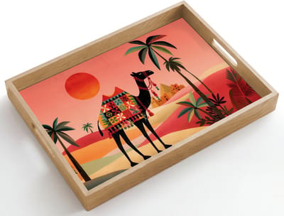 Dienblad hout 50x35 cm - Schootdienblad - Kameel - Gekleurd tapijt - Duinen - Rode zon - Borrelplank rechthoek - Plateau dienbladen
