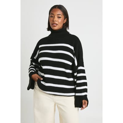 boohoo Dames Plus gestreepte rolkraag gebreide trui | Zwart | Maat: 44