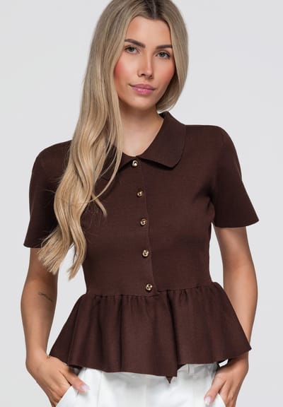 OMBRE Blouse - Slim Fit - Viscose - Korte Mouw Bruin M/L
