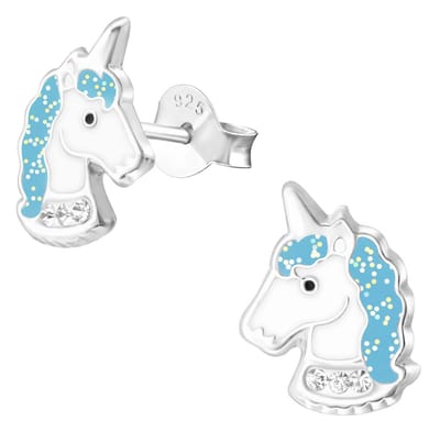 Joy|S - Zilveren eenhoorn oorbellen - 8.1 x 11.5 mm - wit blauw - kristal - unicorn kinderoorbellen