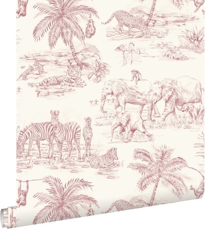 ESTAhome behang toile de jouy jungle bordeaux rood en wit - 50 x 900 cm - 132122