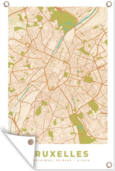 Muurdecoratie Kaart - Plattegrond - Vintage - Brussel - Stadskaart - 120x180 cm - Tuinposter - Tuindoek
