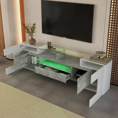 DESMIU Tv Meubel - Hoogglans Kast Met Ledverlichting En Veel Opbergruimte - Voor Woonkamer - Mdf In Grijs En Wit - 200x35x60 Cm