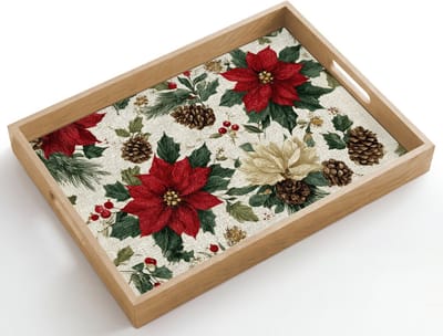 Dienblad hout 50x35 cm - Schootdienblad - Feestelijk - Textielpatroon - Kerstbloemen - Kleurrijk - Borrelplank rechthoek - Plateau dienbladen