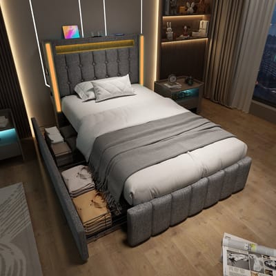 MODENUIT Gestoffeerd bed 90x200 cm – USB en Type-C in hoofdbord – LED en 2 laden – Eenpersoonsbed – Zonder matras – Grijs