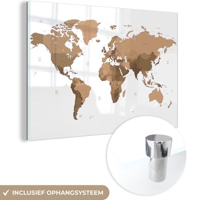 ® Glasschilderij 120x80 cm - Schilderij acrylglas - Wereldkaart - Bruin - Topografie - Foto op glas - Muurdecoratie woonkamer - Wanddecoratie slaapkamer - Schilderijen