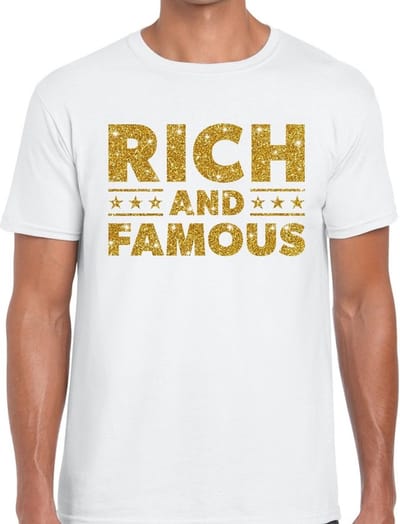 Rich and Famous goud glitter tekst t-shirt wit voor heren S