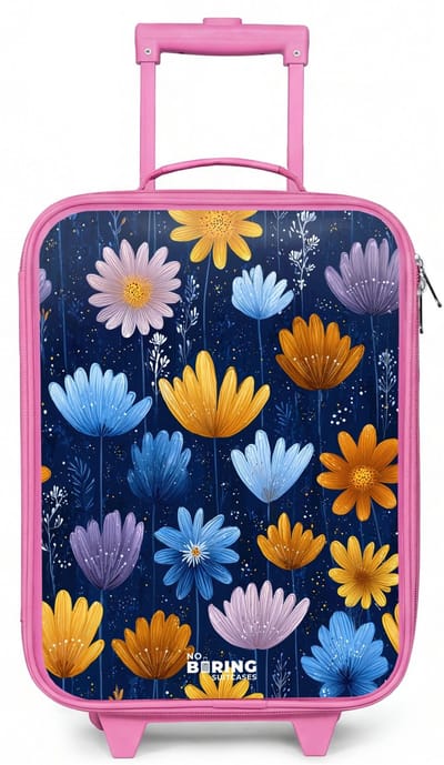 NoBoringSuitcases.com® - Kinderkoffer roze - Kindertrolley meisje - Bloemen op een donkerblauwe achtergrond - Koffer kind lichtgewicht - Reiskoffer trolley voor kinderen - Koffertje met lichtgevende wieltjes - Rolkoffer