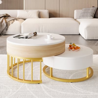 DESMIU Salontafelset - Ronde Nesttafel Met Verstelbaar Blad En Lade - Voor Woonkamer En Kleine Ruimtes - MDF En Metaal - Wit En Goud - 70x70x56 Cm En 60x60x27 Cm