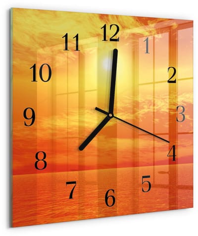 Tulup Wandklok - Zonnig Wandklok Glas Met Motief - 30x30 cm - Oranje Decoratieve Glazen Klok - Zwarte Handen - Vierkante Wandklok - Klok Glas Met Opdruk - Moderne Wandklok Glas