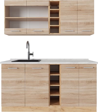 Vicco R-Line Eenpersoonskeuken – 160 cm, WB Marmer Sonoma/Goudkraft eik