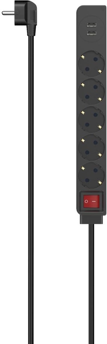 Hama Stekkerdoos 5-voudig met schakelaar - & 1x USB-A - 1,4mtr. - Zwart