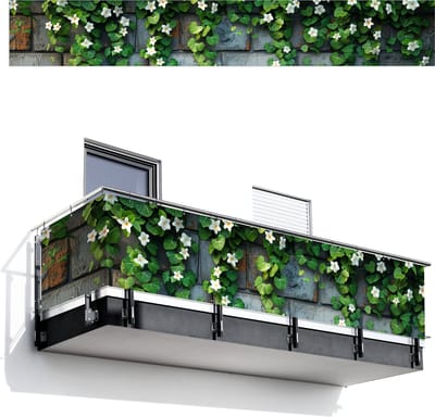 Balkonscherm 500x75 cm - Balkonposter Klimop - Groen - Stenen - Wit - Grijs - Balkon scherm decoratie - Balkonschermen - Balkondoek zonnescherm