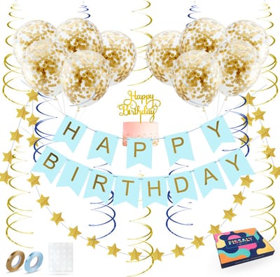 Fissaly Verjaardag Slinger Blauw & Goud met Papieren Confetti Ballonnen – Decoratie – Happy Birthday - Letterslinger