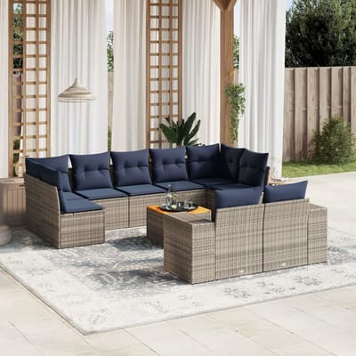 vidaXL - 10-delige - tuinbankset - met - kussens, - grijs - polyrotan