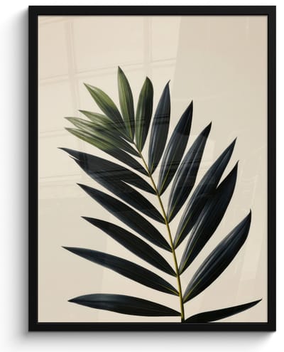 Poster in lijst - Fotolijst 60x80 cm - Posters - Palmblad - Donkere bladen - Subtiel - Posterlijst zwart - Decoratie - Wanddecoratie woonkamer - Muurdecoratie slaapkamer