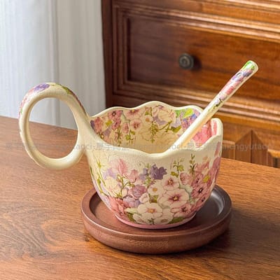 Tasse Courbée en Céramique pour la Maison avec Cuillère et Sous-verre en Bois Tasse à Petit-déjeuner pour Flocons d'avoine Lait Tasses à Café et Soucoupes 301-400ml