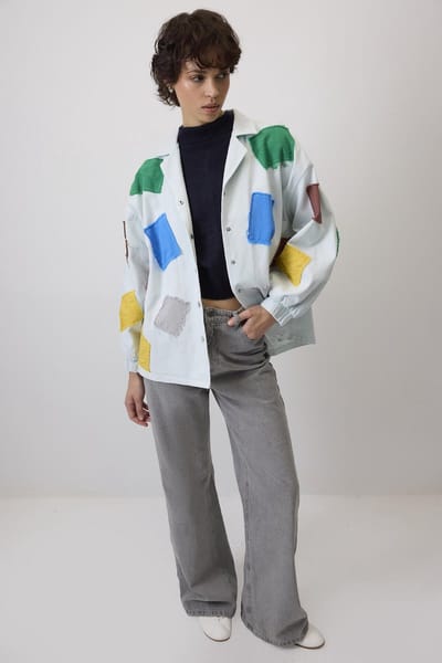 Touché Privé - Gabardine jasje met gekleurde patches - Ijsblauw - Dames