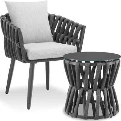 tectake® Tuinset Lugano - Tuinstoel - Loungestoel met Bijzettafel - Buitenstoel in Rope-Design met Aluminium Frame - Buiten Fauteuil met Dikke Kussens - Loungeset voor Tuin of Balkon - Terrasstoel - UV- en Weerbestendig - Antraciet