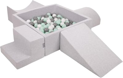 Schuimspeelplaats Kinderen - Softplay Set Ballenbak - Binnen Spelen - Verwijderbare Hoezen - 900x900x300 mm - Lichtgrijs Wit Grijs Mint