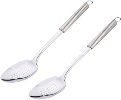 Alpina Keukengerei schuimspaan opscheplepel - 2x - zilver - RVS - 34 x 7 cm - groente lepels