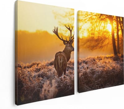Artaza Canvas Schilderij Tweeluik Hert In Bos Tijdens De Zonsopkomst - 120x80 - Foto Op Canvas - Canvas Print