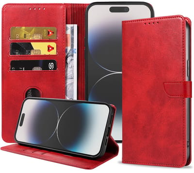 Geschikt voor iPhone 14 Pro Telefoonhoesje Kunstleer met Magnetisch lipje en Pasjeshouder Book Case met Klepje - Rood - Smartphonica geschikt voor iPhone 14 Pro