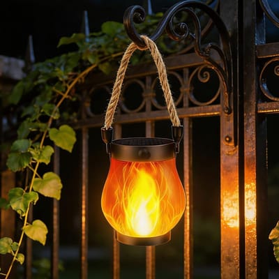 SnelShoppen - Flame Solar Lantern - 1 Stuk Buiten Solar Lamp met Realistische Vlam Effecten, Oplaadbaar via Zonne-energie/USB, Jute Touw Hanglamp voor