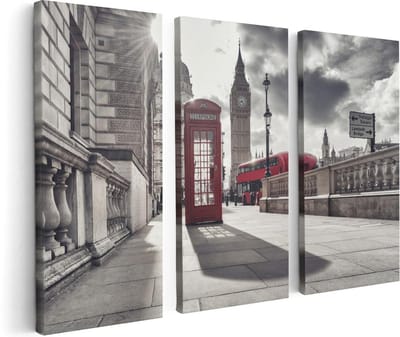 Artaza Canvas Schilderij Drieluik Rode Telefooncel in Londen bij de Big Ben - 120x80 cm - Wanddecoratie Woonkamer - Schilderijen - Muurdecoratie
