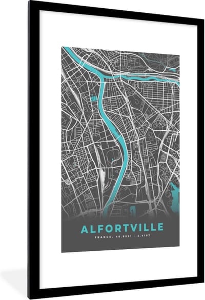 Fotolijst incl. Poster - Alfortville - Frankrijk - Plattegrond - Kaart - Stadskaart - 80x120 cm - Posterlijst