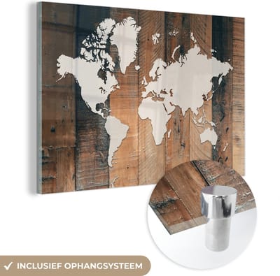 ® Glasschilderij 150x100 cm - Schilderij acrylglas - Wereldkaart - Hout - Wit - Foto op glas - Muurdecoratie woonkamer - Wanddecoratie slaapkamer - Schilderijen