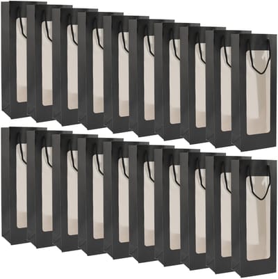 Dailygoods- Wijn Geschenktas Set van 20 - Zwarte Wijnzakken - Kraftpapier - Transparant Venster - Handgrepen - Perfect voor Cadeaus - Wijnzak