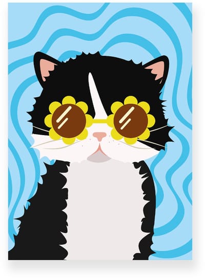 Poster 20x30 cm - Kat met zonnebril - Blauw - Geel - Dopamine Decor - Dieren - Muurdecoratie - Wanddecoratie