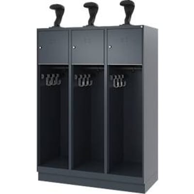 Brandweerkluis C+P Evolo Youngster, 3 vakken, met helmhouder, met sokkel, B 1200 x D 500 x H 1630 mm, RAL 7016 antracietgrijs