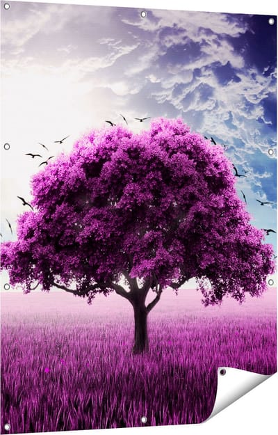 Gards Tuinposter Paarse Boom in het Paars Veld met Vogels - 90x120 cm - Tuindoek - Tuindecoratie - Wanddecoratie buiten - Tuinschilderij