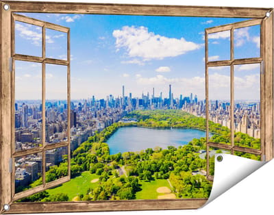 Gards Tuinposter Doorkijk Central Park in New York met Wolkenkrabbers - 90x60 cm - Tuindoek - Tuindecoratie - Wanddecoratie buiten - Tuinschilderij