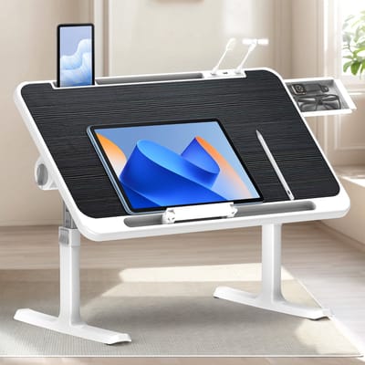 Soontrans Opvouwbare Laptoptabel In Hoogte Verstelbare Laptoptabel Met Lade + LED + Ventilator Draagbaar Bureau Voor op Bed Met Ergonomische Kantelhoek，Hoek Kan Vrij Worden Aangepast Voor Bank, Vloer, Bed, Buiten - Zwart