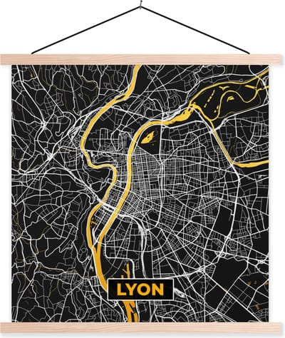 Posterhanger incl. Poster 40x40 cm - Schoolplaat - Plattegrond – Kaart – Stadskaart – Frankrijk – Lyon - Textielposter - Blanke latten - Stadskaart