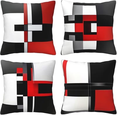 Kussenslopen van 65 x 65 cm, set van 4 stuks, zachte fluwelen kussenslopen met onzichtbare rits, voor slaapbank, woondecoratie, rood en zwart, geometrische set van 4 kussenslopen 26 x 26 inch, U3287