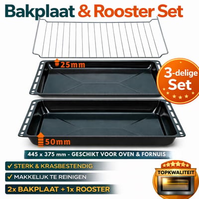 ICQN Oven Bakplaat Set - 3 Stuks - 2x Bakplaat en Rooster voor oven - 445x375x25 en 445x375x50 mm - Geëmailleerd