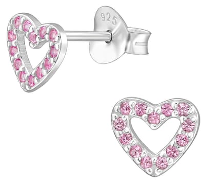 Joy|S - Zilveren hartje oorbellen met roze zirkonia - massief - 6.5 mm - hartjes oorknopjes - kinderoorbellen