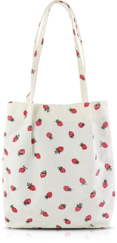 Dailygoods - Corduroy Boodschappentas, handtas voor dames met magneetkrap, schoudertas voor pendelen, reizen en dating | Aardbeidruk